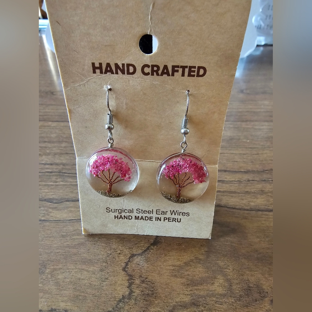 Pink Tree Of Life Resin Earrings